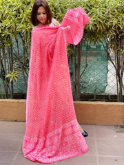 Fluorescent  Pink Rai Bandhej Dupatta with Lucknowi Handwork in Pure Georgette
