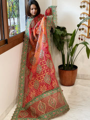 Orange, Red Chinon Dupatta with Aari Embroidery