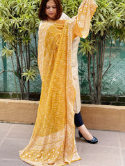 Mustard Yellow Rai Bandhej Dupatta with Lucknowi Handwork in Pure Georgette