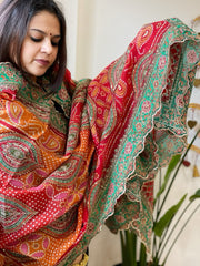 Orange, Red Chinon Dupatta with Aari Embroidery