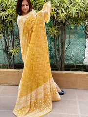 Mustard Yellow Rai Bandhej Dupatta with Lucknowi Handwork in Pure Georgette