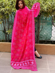 Hot Pink Rai Bandhej Dupatta with Lucknowi Handwork in Pure Georgette