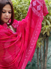 Hot Pink Rai Bandhej Dupatta with Lucknowi Handwork in Pure Georgette