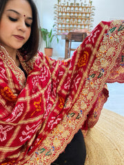 Red Gharchola Piliya Dupatta with Heavy Zardosi Handwork in Pure Gajji Silk