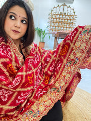 Red Gharchola Piliya Dupatta with Heavy Zardosi Handwork in Pure Gajji Silk