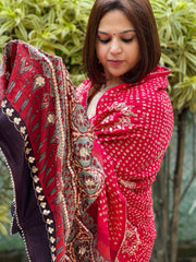 Red Bandhani, Ajrakh Dupatta with Gotapatti Handwork in Gajji Silk