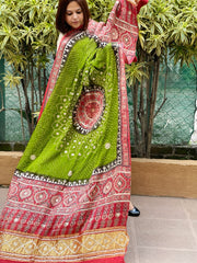 Green Bandhani, Ajrakh Dupatta with Gotapatti Handwork in Gajji Silk