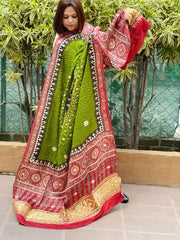 Green Bandhani, Ajrakh Dupatta with Gotapatti Handwork in Gajji Silk