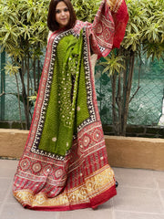 Green Bandhani, Ajrakh Dupatta with Gotapatti Handwork in Gajji Silk