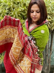 Green Bandhani, Ajrakh Dupatta with Gotapatti Handwork in Gajji Silk