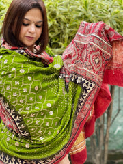 Green Bandhani, Ajrakh Dupatta with Gotapatti Handwork in Gajji Silk