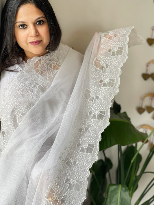 White Kota Cotton Dupatta with Cut Work
