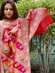 Red Handwoven Banarasi Rangkhat Dupatta in Pure Katan Silk