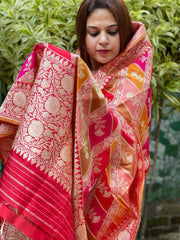 Red Handwoven Banarasi Rangkhat Dupatta in Pure Katan Silk