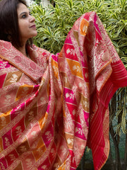 Red Handwoven Banarasi Rangkhat Dupatta in Pure Katan Silk