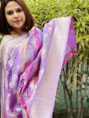 Lavender Handwoven Banarasi Rangkhat Dupatta in Pure Katan Silk