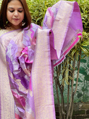 Lavender Handwoven Banarasi Rangkhat Dupatta in Pure Katan Silk