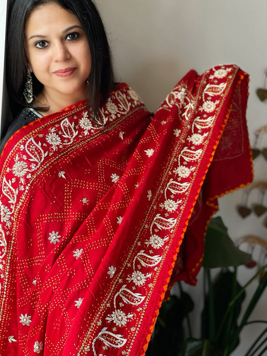 Red Handwoven Bareek Bandhani dupatta with Dabka Handwork in Pure Gajji silk