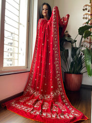 Red Handwoven Bareek Bandhani dupatta with Dabka Handwork in Pure Gajji silk