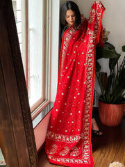 Red Handwoven Bareek Bandhani dupatta with Dabka Handwork in Pure Gajji silk