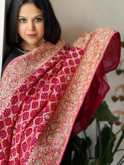 Pink Handwoven NeemZari Bareek Bandhani with Dabka Handwork in Pure Georgette