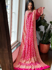 Pink Handwoven NeemZari Bareek Bandhani with Dabka Handwork in Pure Georgette