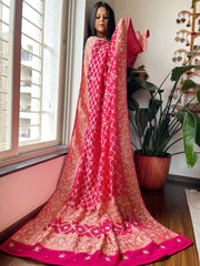 Pink Handwoven NeemZari Bareek Bandhani with Dabka Handwork in Pure Georgette