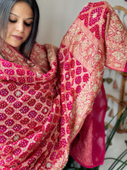 Pink Handwoven NeemZari Bareek Bandhani with Dabka Handwork in Pure Georgette