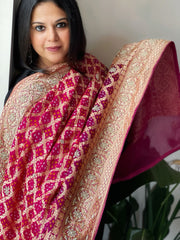 Pink with Wine Handwoven NeemZari Bareek Bandhani with Dabka Handwork in Pure Georgette