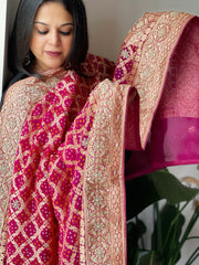 Pink with Wine Handwoven NeemZari Bareek Bandhani with Dabka Handwork in Pure Georgette