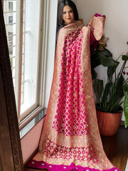 Pink with Wine Handwoven NeemZari Bareek Bandhani with Dabka Handwork in Pure Georgette