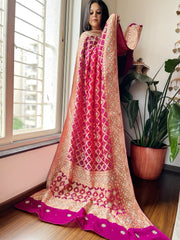 Pink with Wine Handwoven NeemZari Bareek Bandhani with Dabka Handwork in Pure Georgette