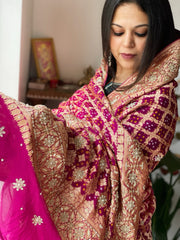 Pink with Wine Handwoven NeemZari Bareek Bandhani with Dabka Handwork in Pure Georgette