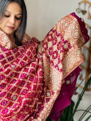 Pink with Wine Handwoven NeemZari Bareek Bandhani with Dabka Handwork in Pure Georgette