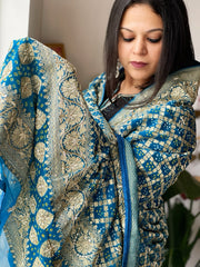 Blue Handwoven NeemZari Bareek Bandhani with Dabka Handwork in Pure Georgette