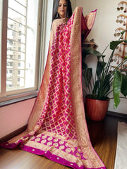 Pink with Wine Handwoven NeemZari Bareek Bandhani with Dabka Handwork in Pure Georgette