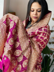 Pink with Wine Handwoven NeemZari Bareek Bandhani with Dabka Handwork in Pure Georgette