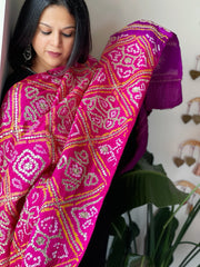 Pink, Purple Bandhani Dupatta with Gotapatti Handwork in Pure Silk