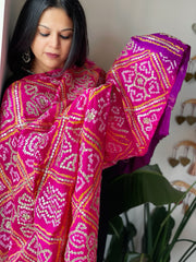 Pink, Purple Bandhani Dupatta with Gotapatti Handwork in Pure Silk