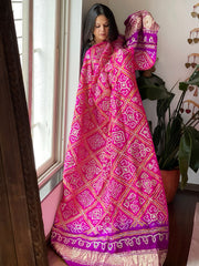 Pink, Purple Bandhani Dupatta with Gotapatti Handwork in Pure Silk