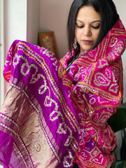 Pink, Purple Bandhani Dupatta with Gotapatti Handwork in Pure Silk