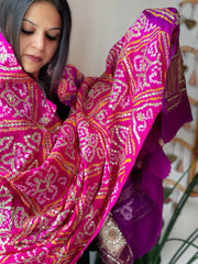 Pink, Purple Bandhani Dupatta with Gotapatti Handwork in Pure Silk