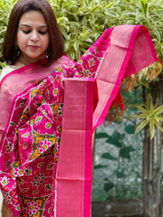 Pink Handwoven Ikat Dupatta in Pure Silk