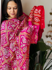 Pink with Red Bandhani Dupatta with Gotapatti Handwork in Pure Silk