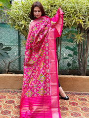 Pink Handwoven Ikat Dupatta in Pure Silk