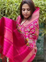 Pink Handwoven Ikat Dupatta in Pure Silk