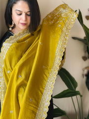 Yellow Tissue Chanderi dupatta with Heavy Embroidered Pallu