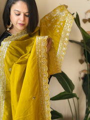 Yellow Tissue Chanderi dupatta with Heavy Embroidered Pallu