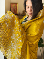Yellow Tissue Chanderi dupatta with Heavy Embroidered Pallu