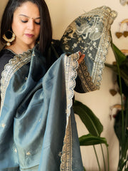 Teal Tissue Chanderi dupatta with Heavy Embroidered Pallu